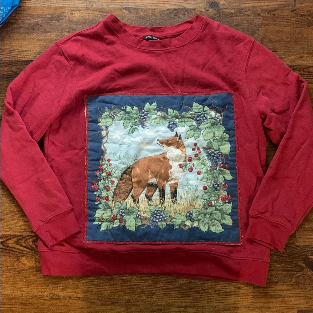 Upcycled Red Sweatshirt With Large Fox Design Patchwork Print